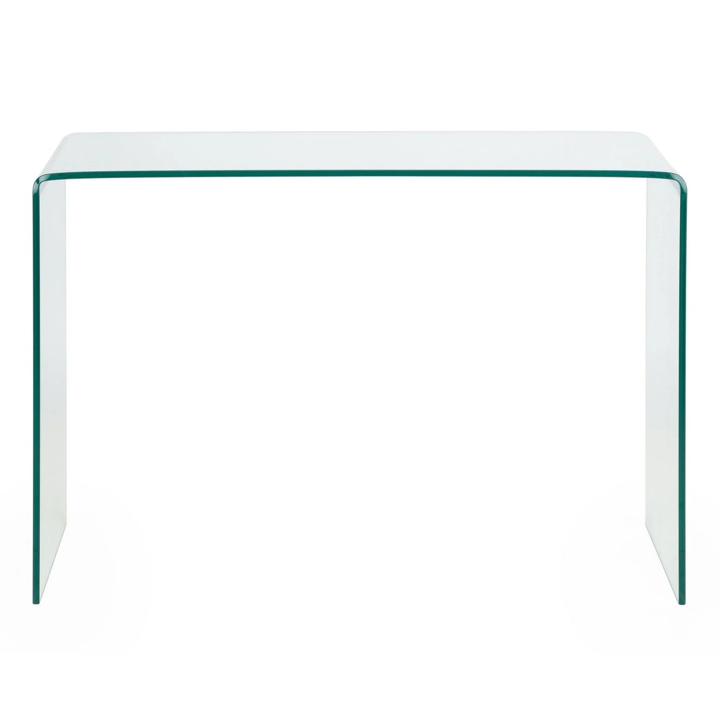Modern clear glass desk with sleek curved edges, shown from front against white background