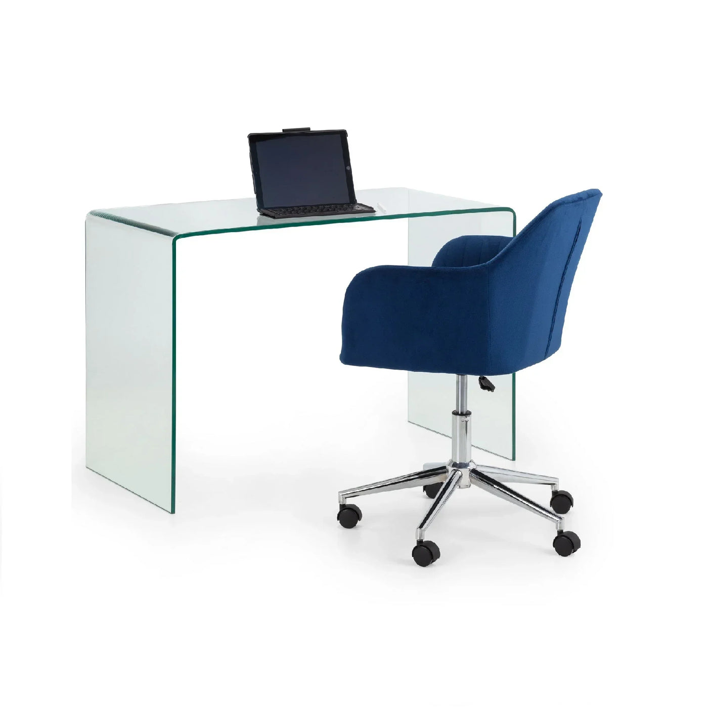Glass desk with laptop and blue swivel office chair on white background