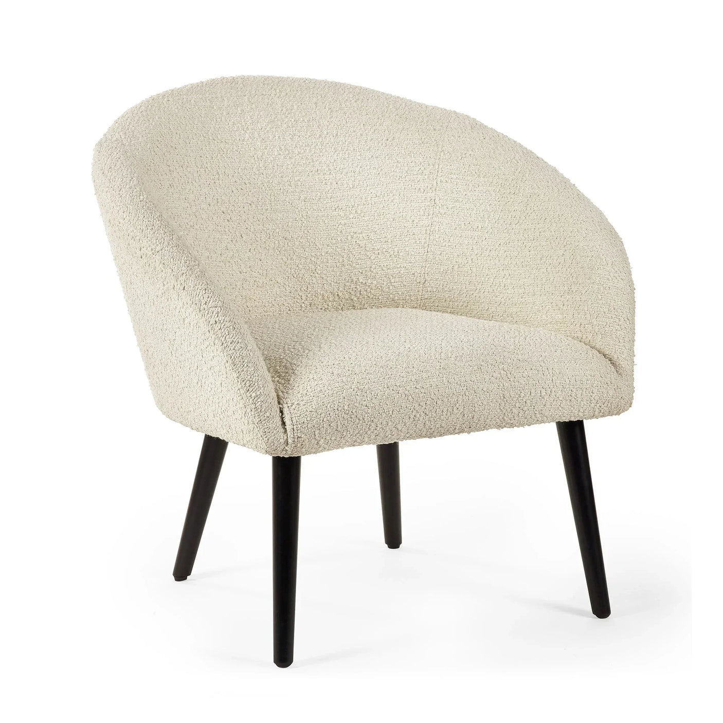 Cream boucle accent chair with curved backrest and black wooden legs