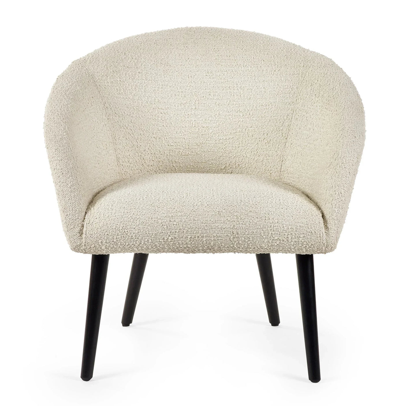 Cream boucle accent chair with curved backrest and black wooden legs, front view