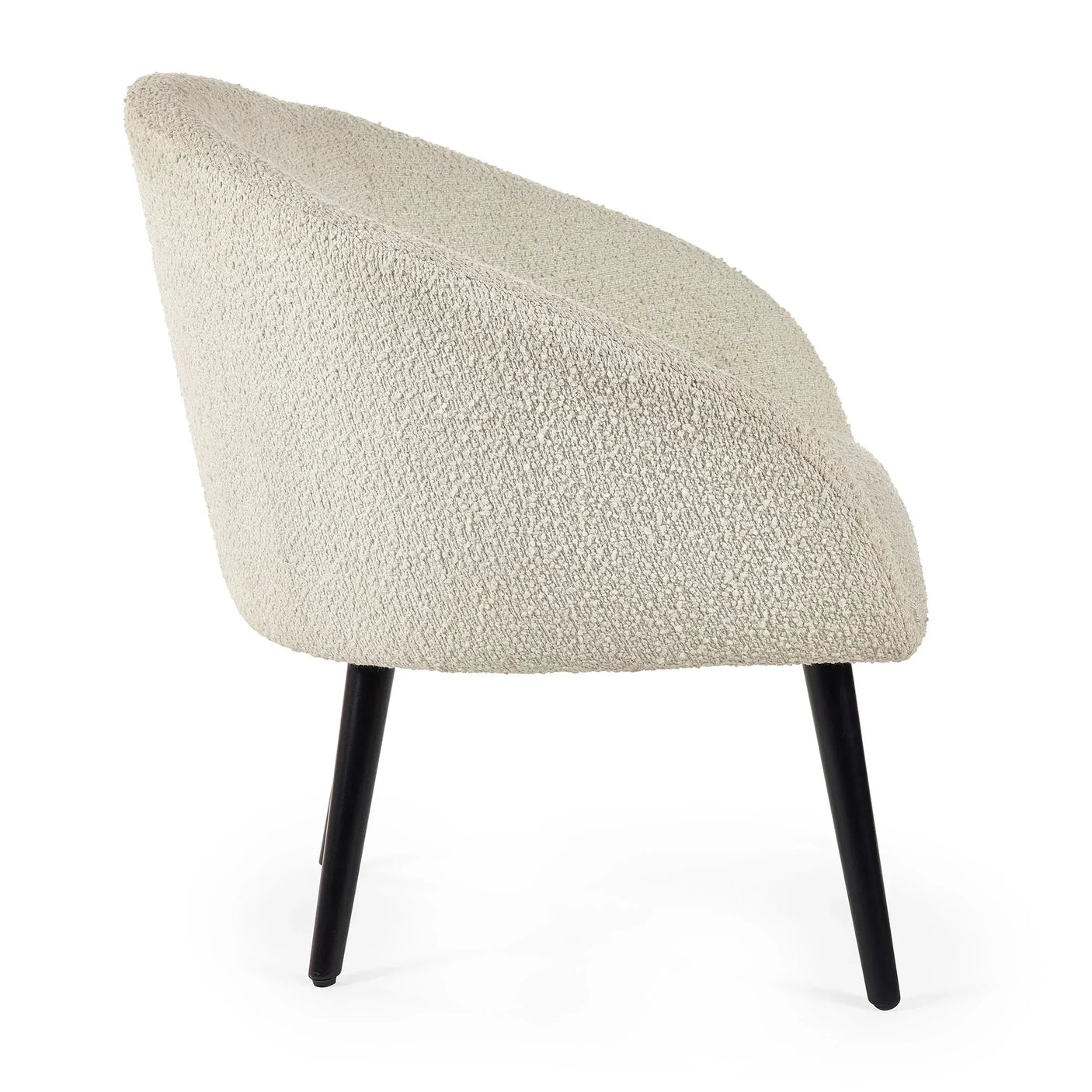 Boucle accent chair in cream with curved back and black metal legs, rear side view