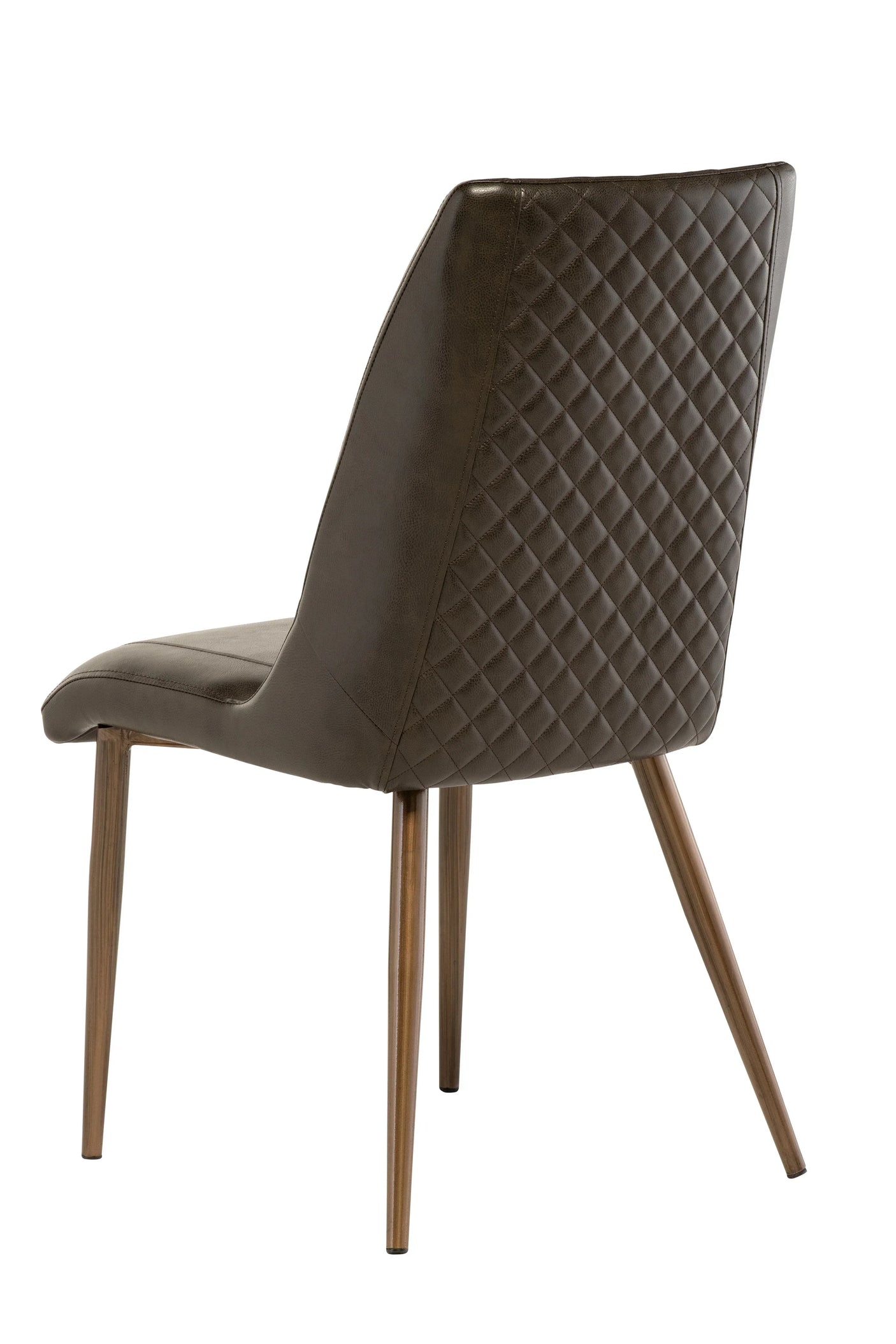 Brown dining chair with quilted backrest and wooden legs, rear angle view