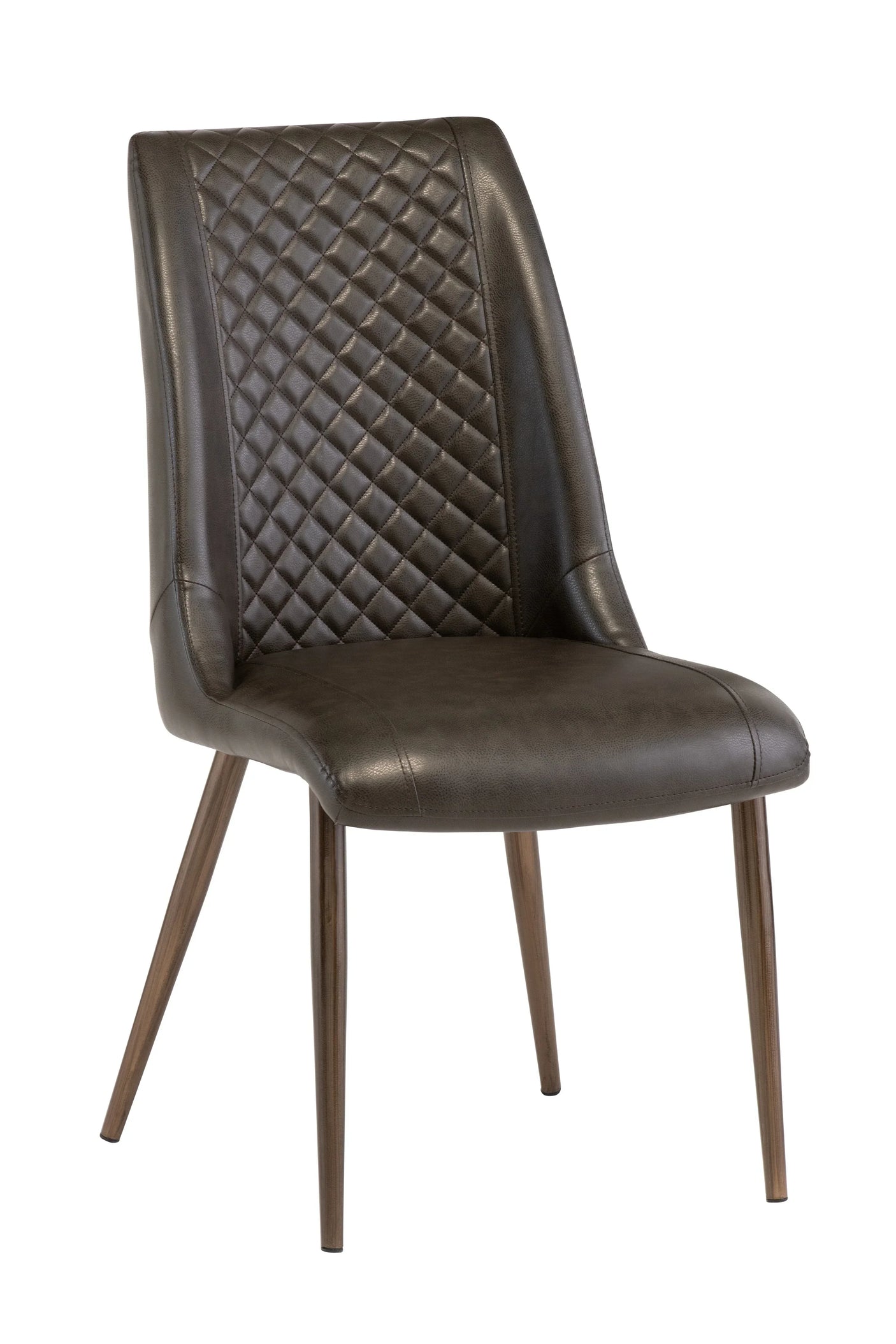 Dark grey faux leather dining chair with quilted backrest and tapered wooden legs