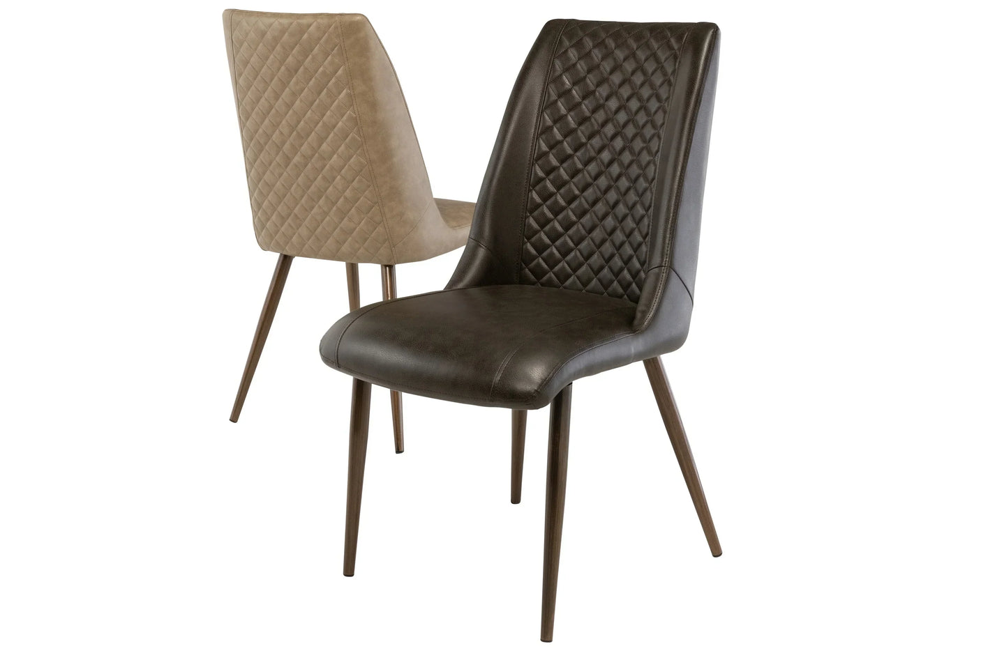 Set of two modern dining chairs with quilted backs, brown and beige faux leather upholstery