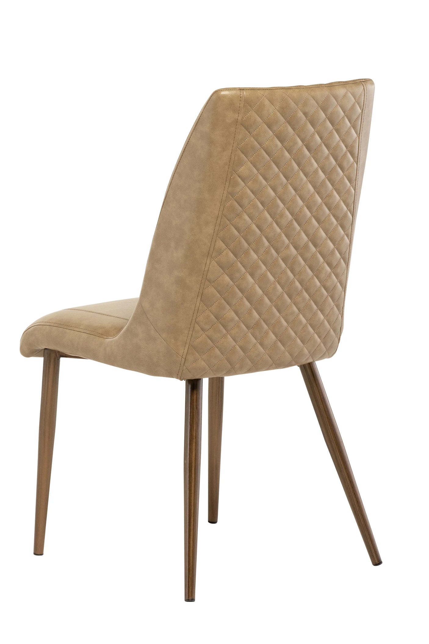 Tan dining chair with quilted backrest and wooden legs, angled rear view