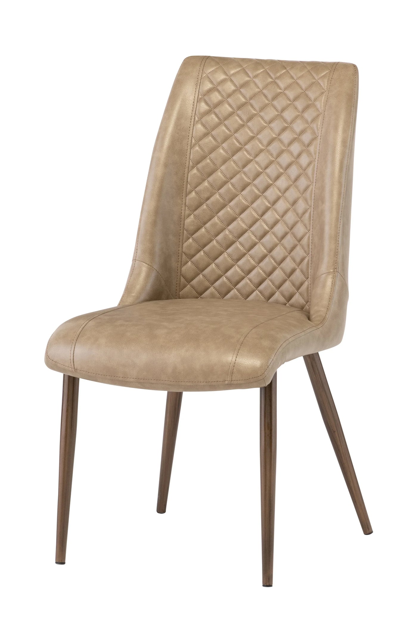 Tan faux leather dining chair with quilted backrest and wooden legs