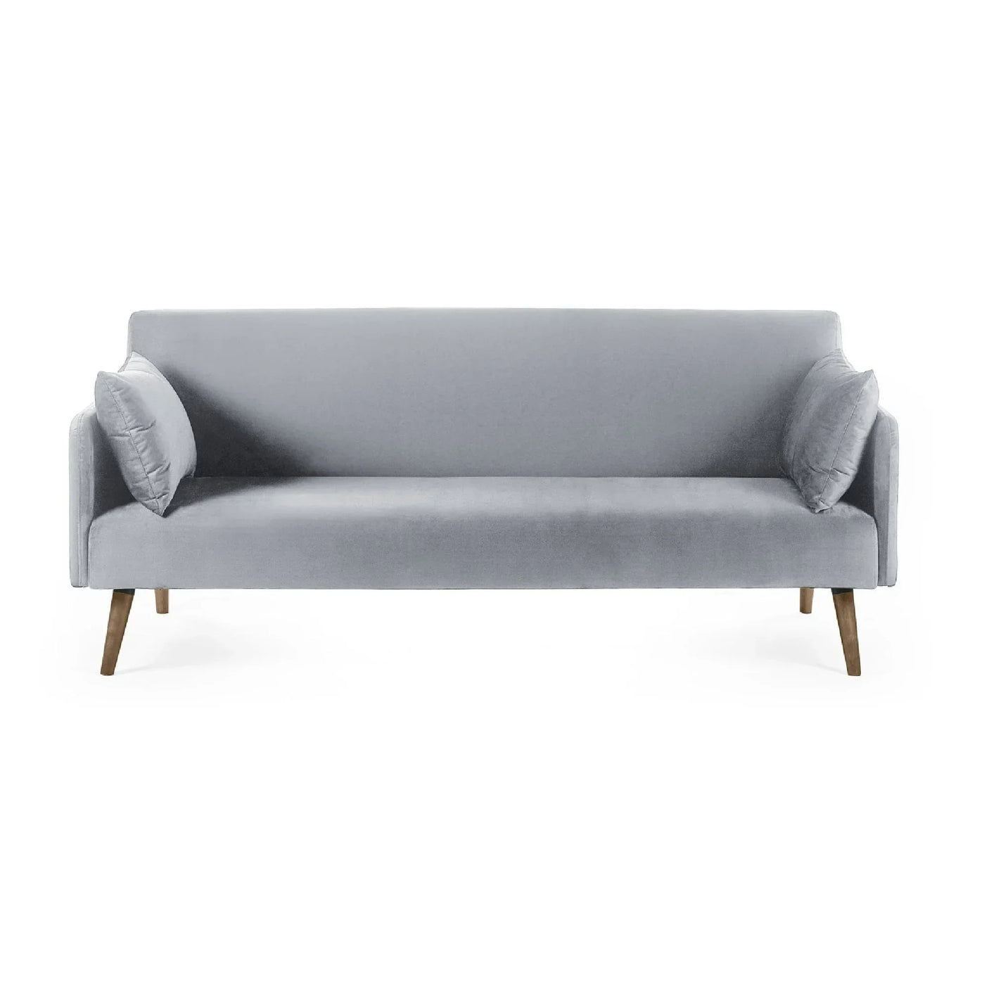 Grey sofa bed with two side cushions and wooden legs, front view on white background