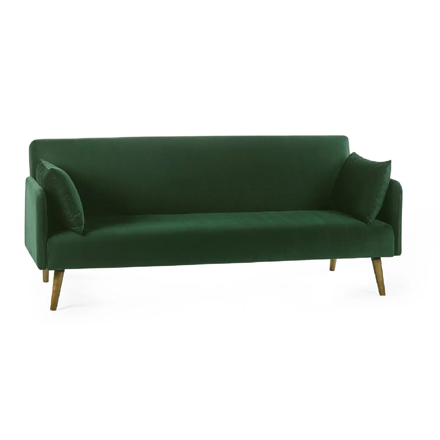 Green sofa bed with slim wooden legs and two matching cushions on white background