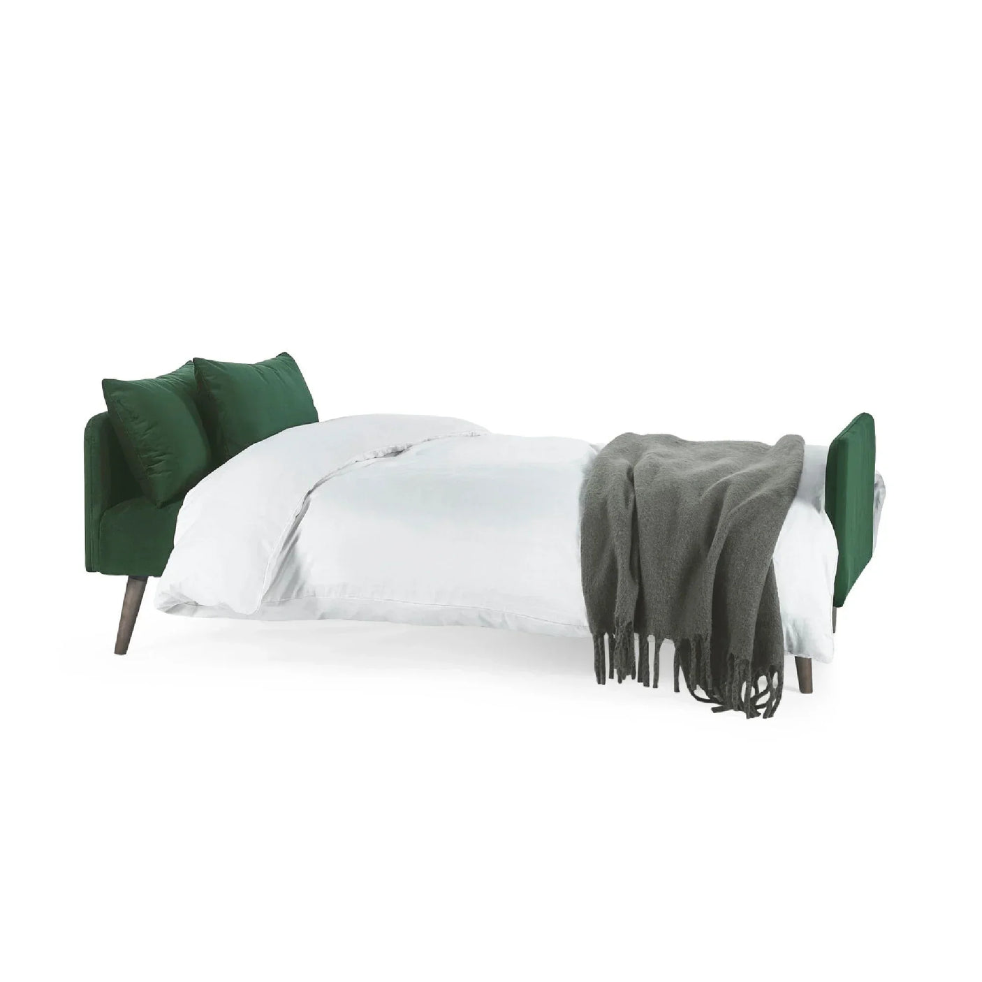 Green sofa bed extended with white bedding and grey throw, angled side view