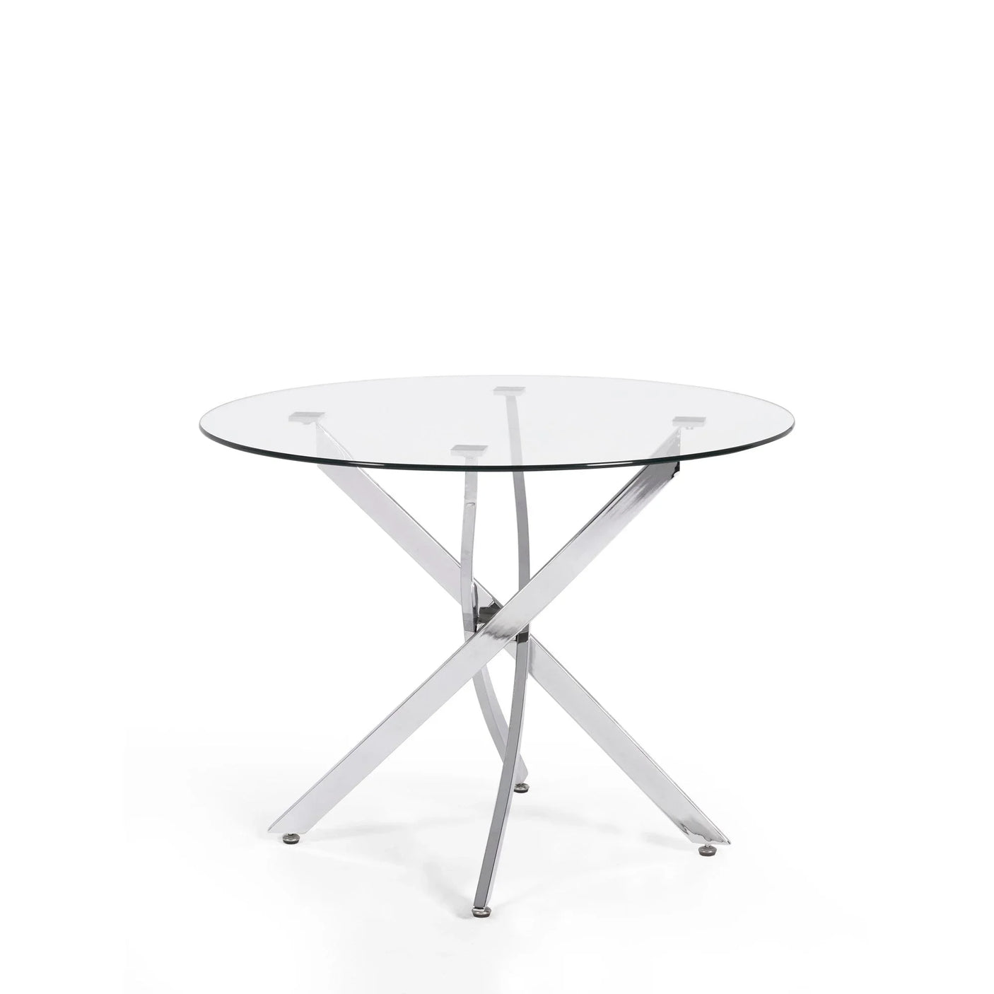 Round glass dining table with chrome metal crossed legs on white background