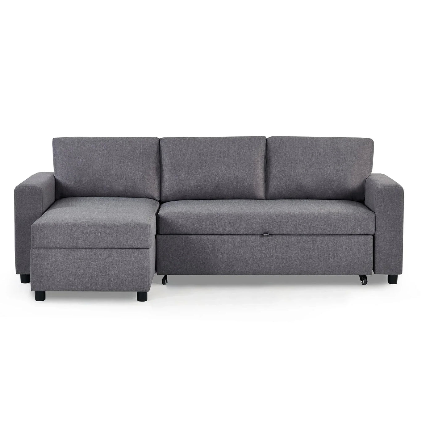 Grey fabric sofabed with left chaise lounge and under seat storage, front view
