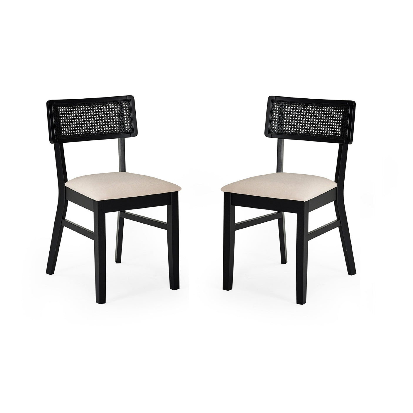 Two black dining chairs with natural fabric cushions and rattan backrests side by side on white background