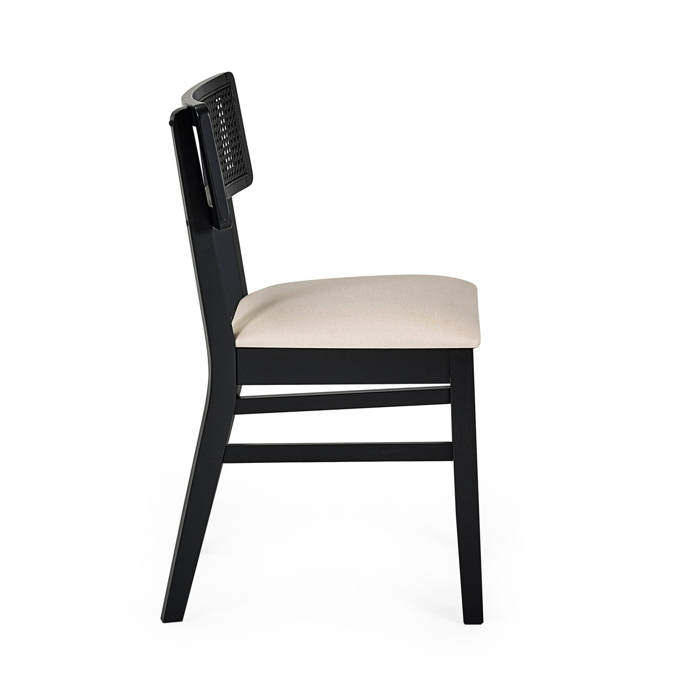 Side profile of black dining chair with natural fabric seat and rattan backrest on white background