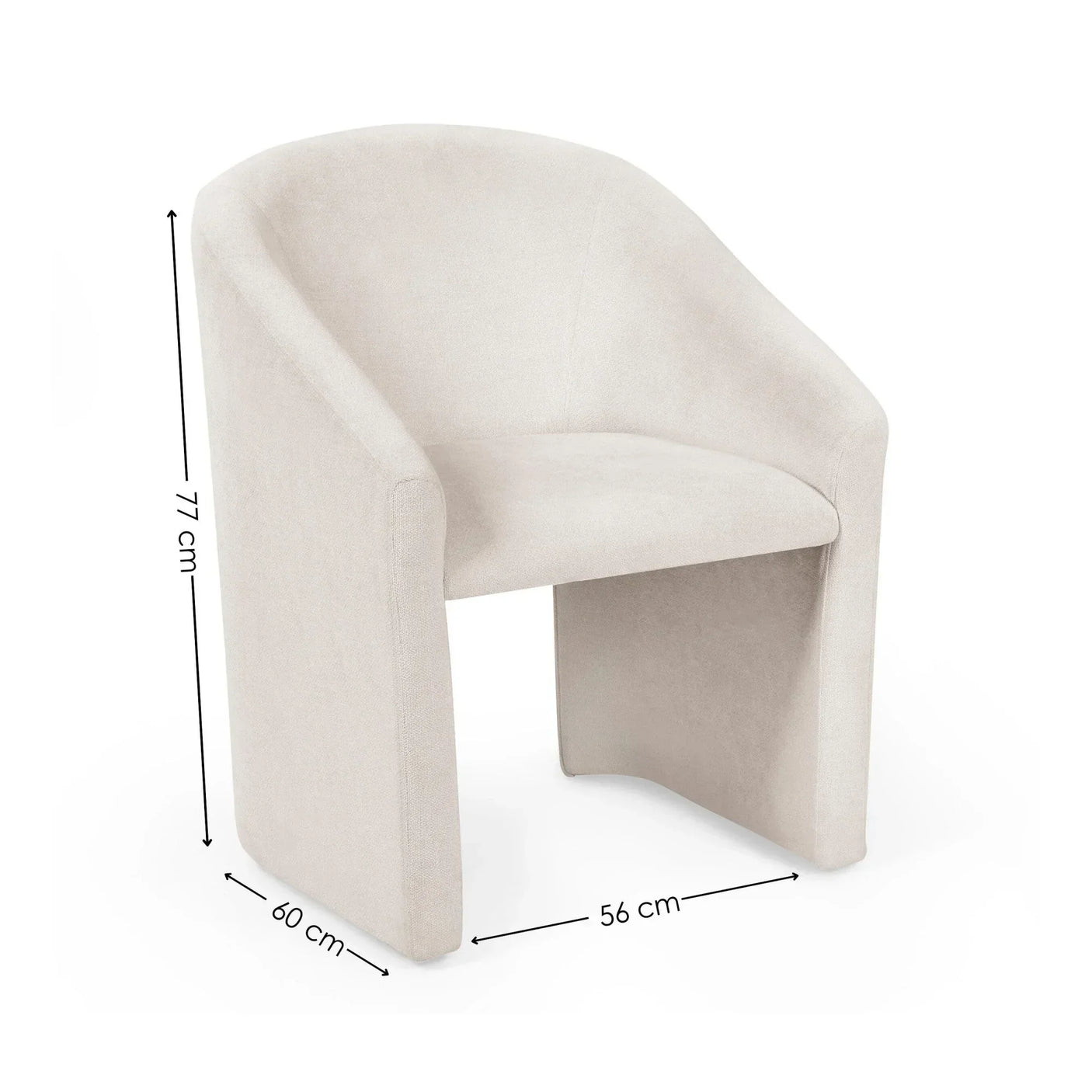 Cream fabric accent chair with curved backrest and dimensions shown