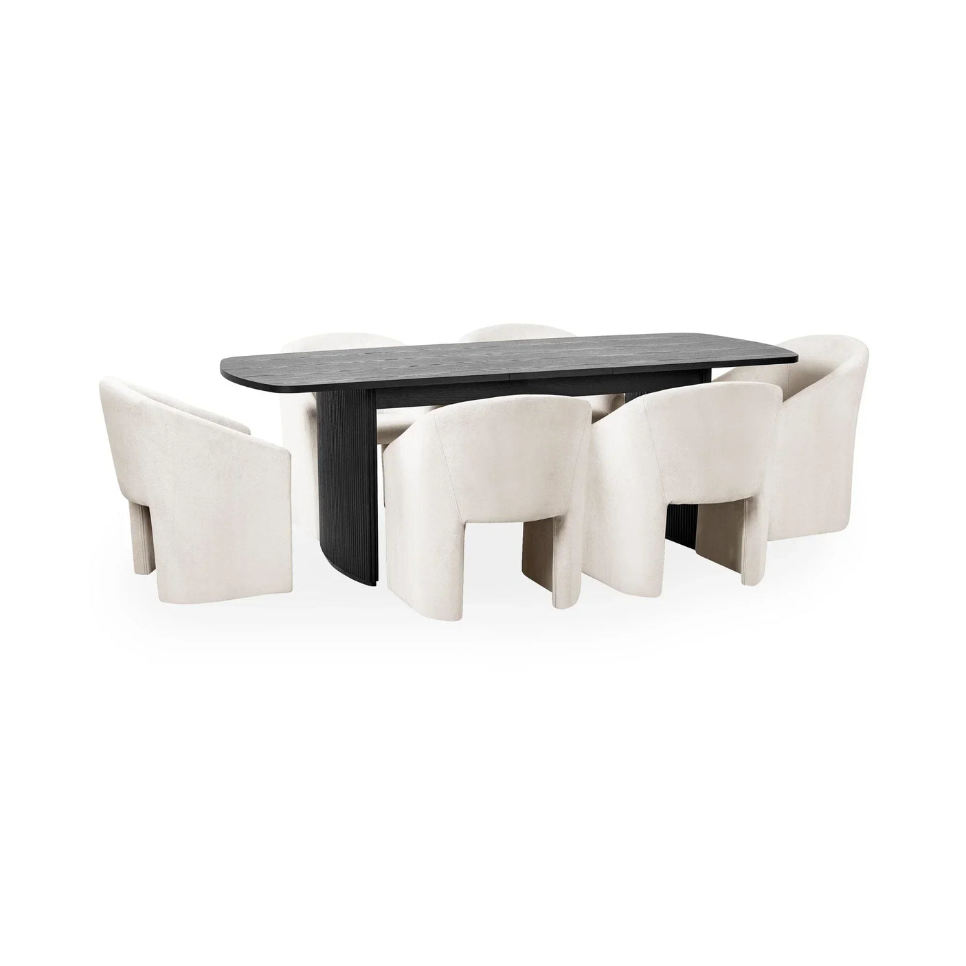 Rectangular black dining table with six cream upholstered chairs