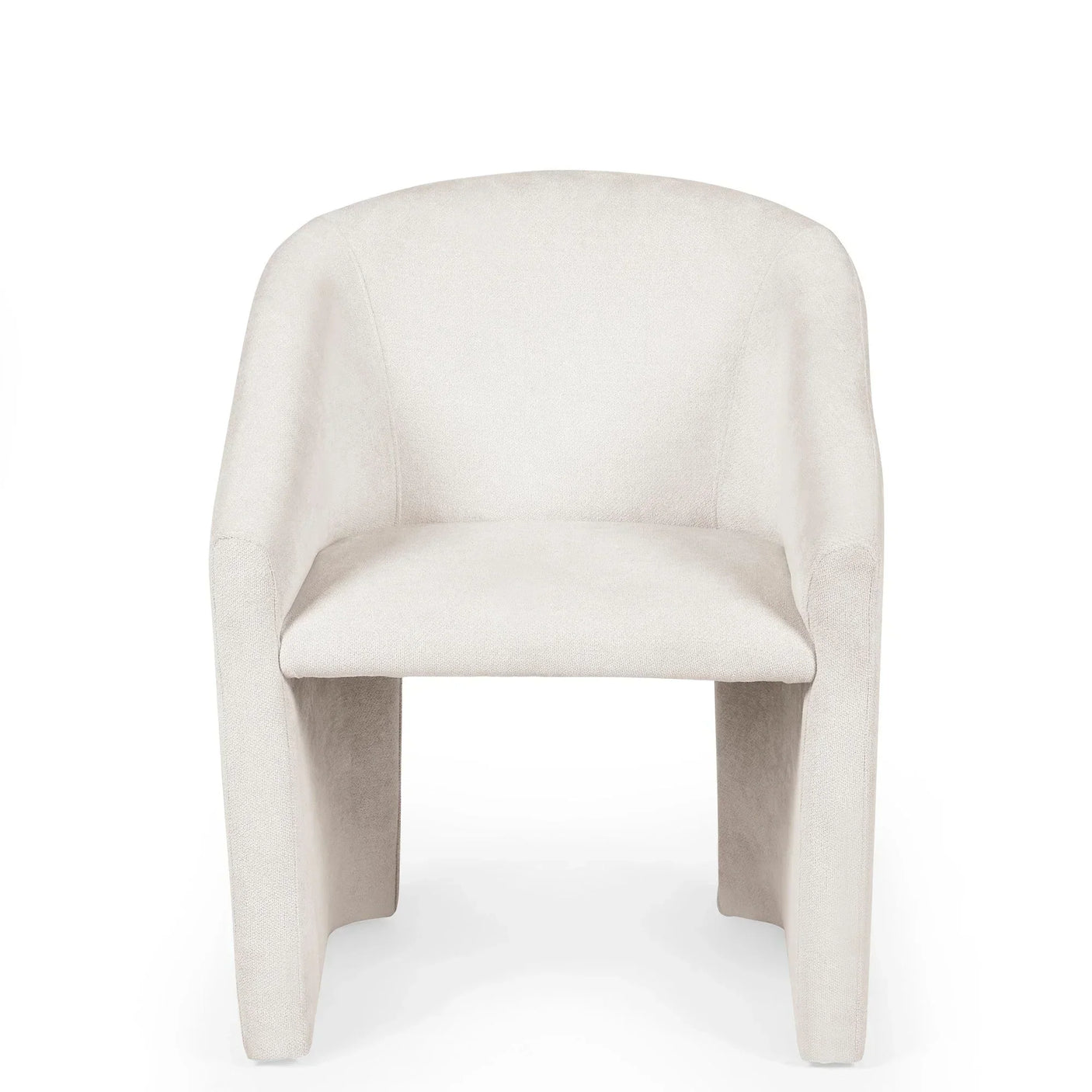 Contemporary cream accent chair with curved back and upholstered seat, front view