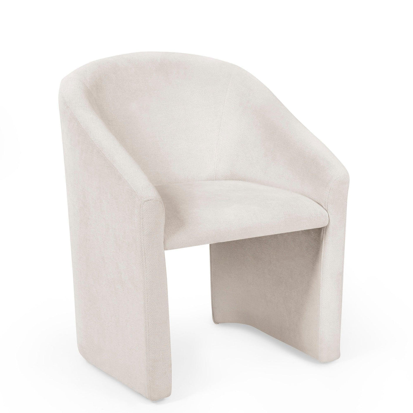 Modern cream upholstered accent chair with curved back and armrests