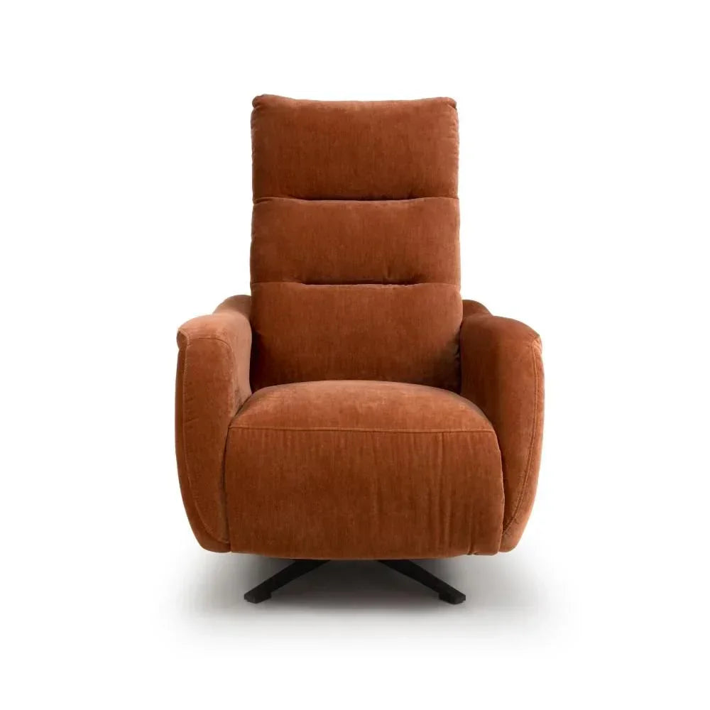 Burnt orange fabric recliner chair with padded seat and high backrest, front view