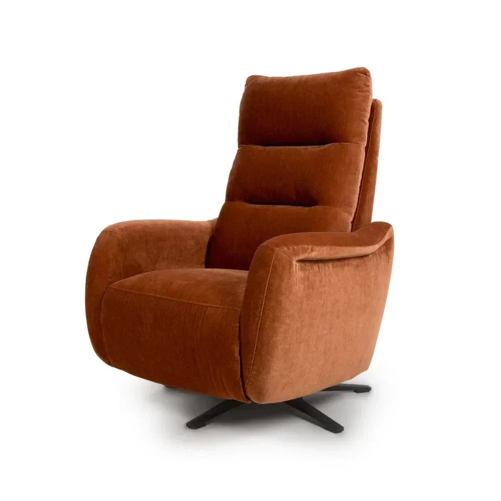 Rust velvet swivel recliner chair with padded back and black base