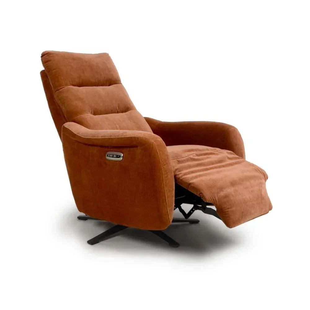 Rust fabric swivel recliner chair with extended footrest and side control buttons