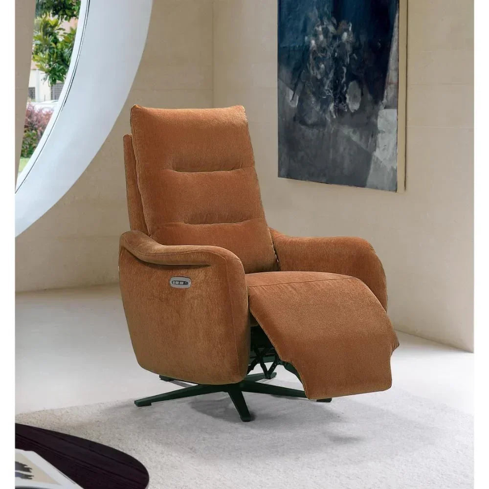 Brown fabric recliner chair with footrest extended in modern living room setting