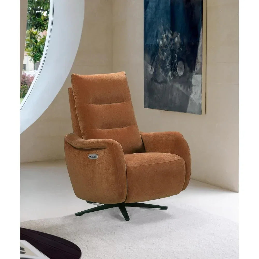 Brown fabric recliner chair with swivel base in modern living room setting
