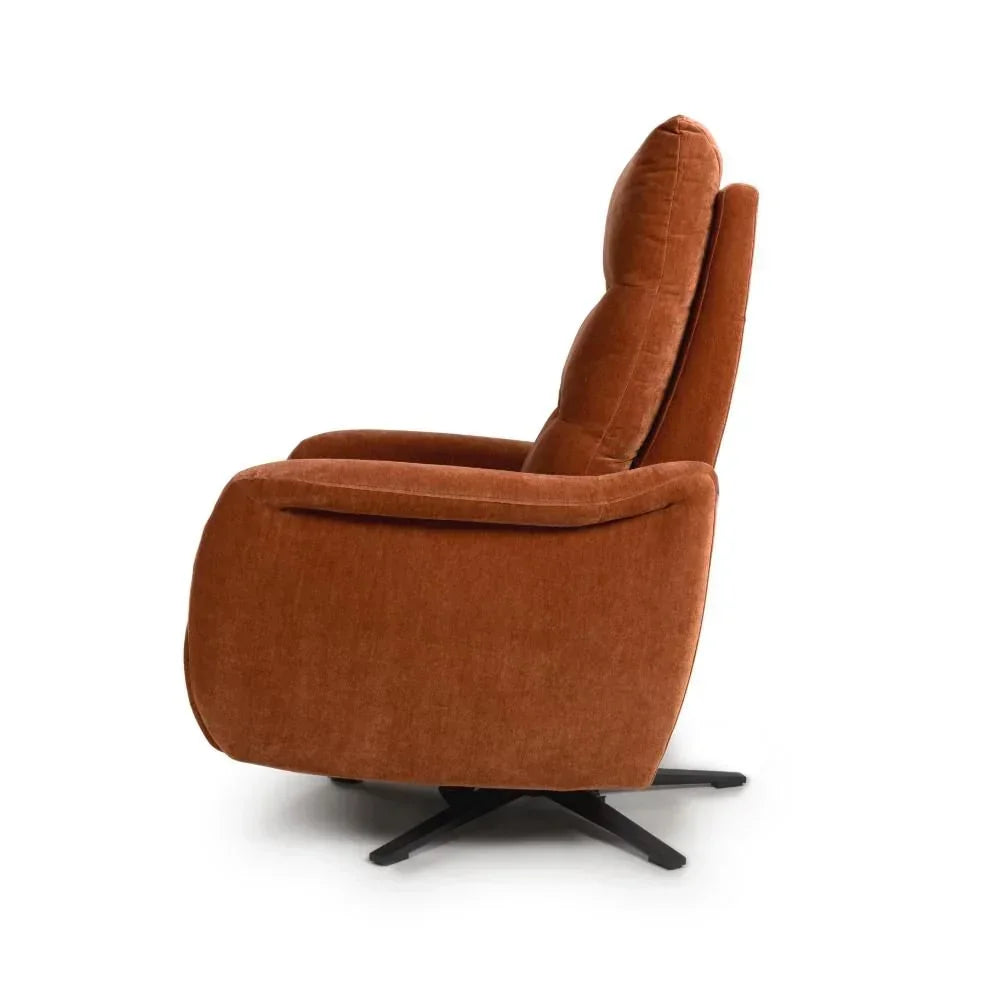 Rust fabric swivel armchair with cushioned backrest and black metal base, side view