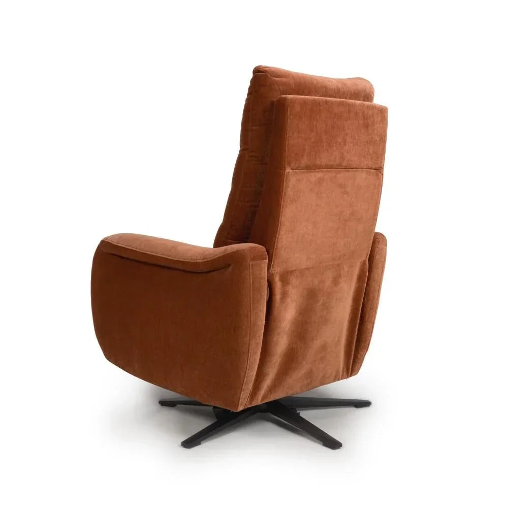 Brown fabric recliner chair rear view with black swivel base