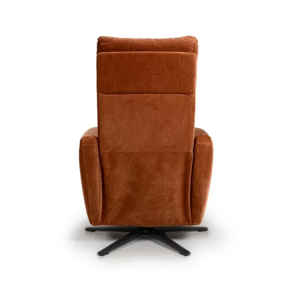 Rear view of brown fabric recliner chair with black swivel base