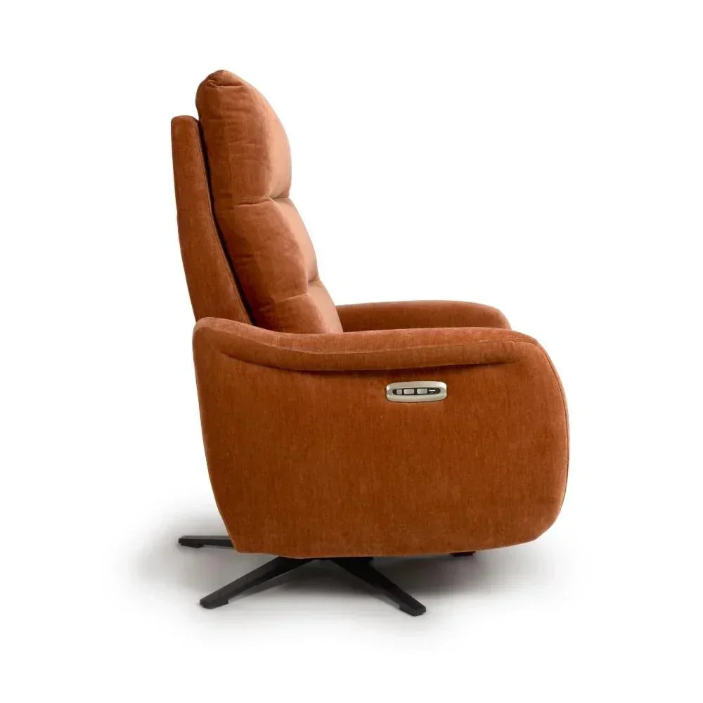 Side view of burnt orange swivel recliner chair with cushioned back and metal legs