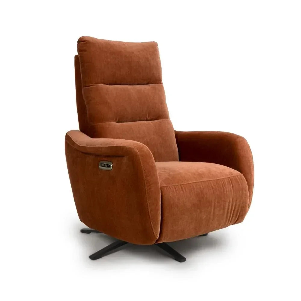 Rust fabric swivel recliner chair with high back and padded armrests on black metal base