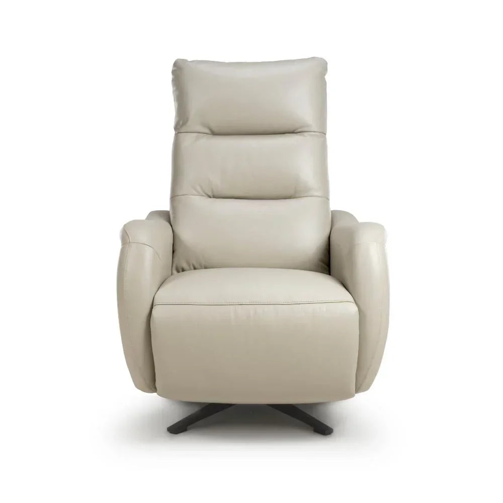 Beige leather recliner chair with padded backrest and arms, front view on white background