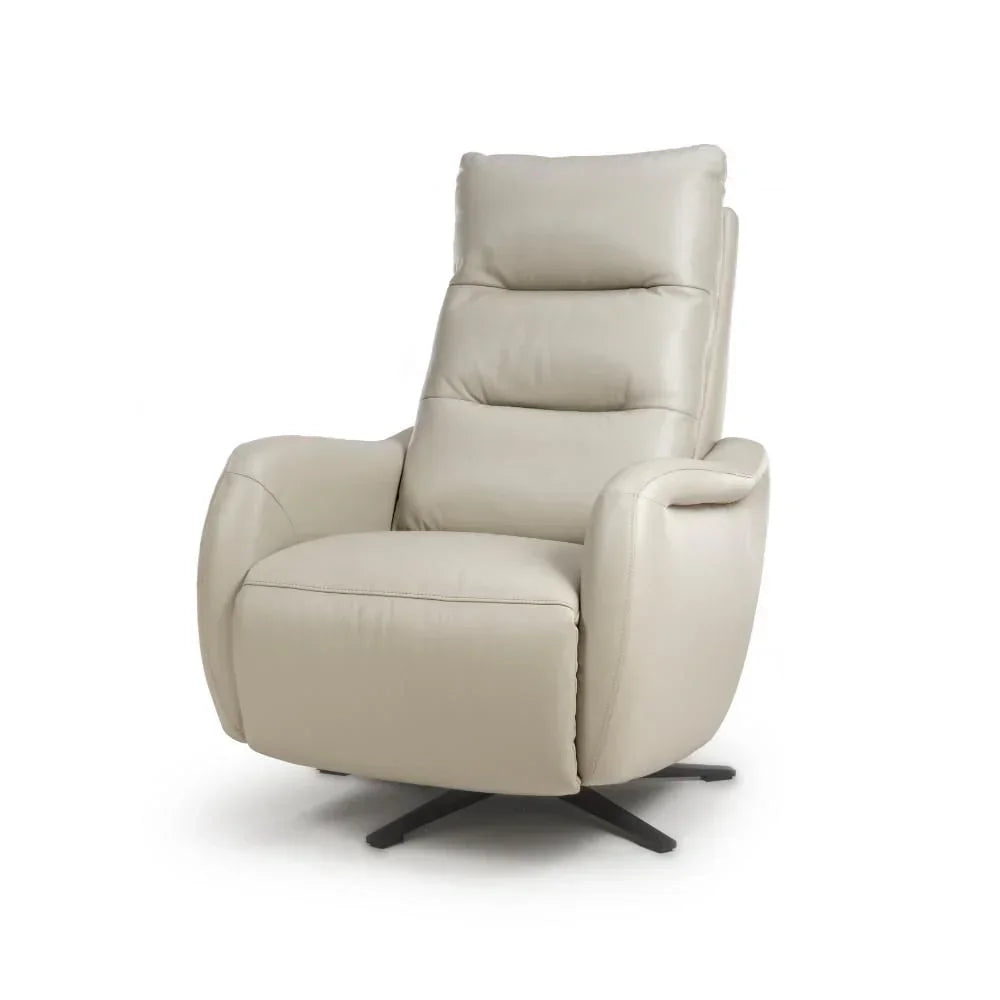 Beige leather recliner chair with padded seat and metal swivel base on white background