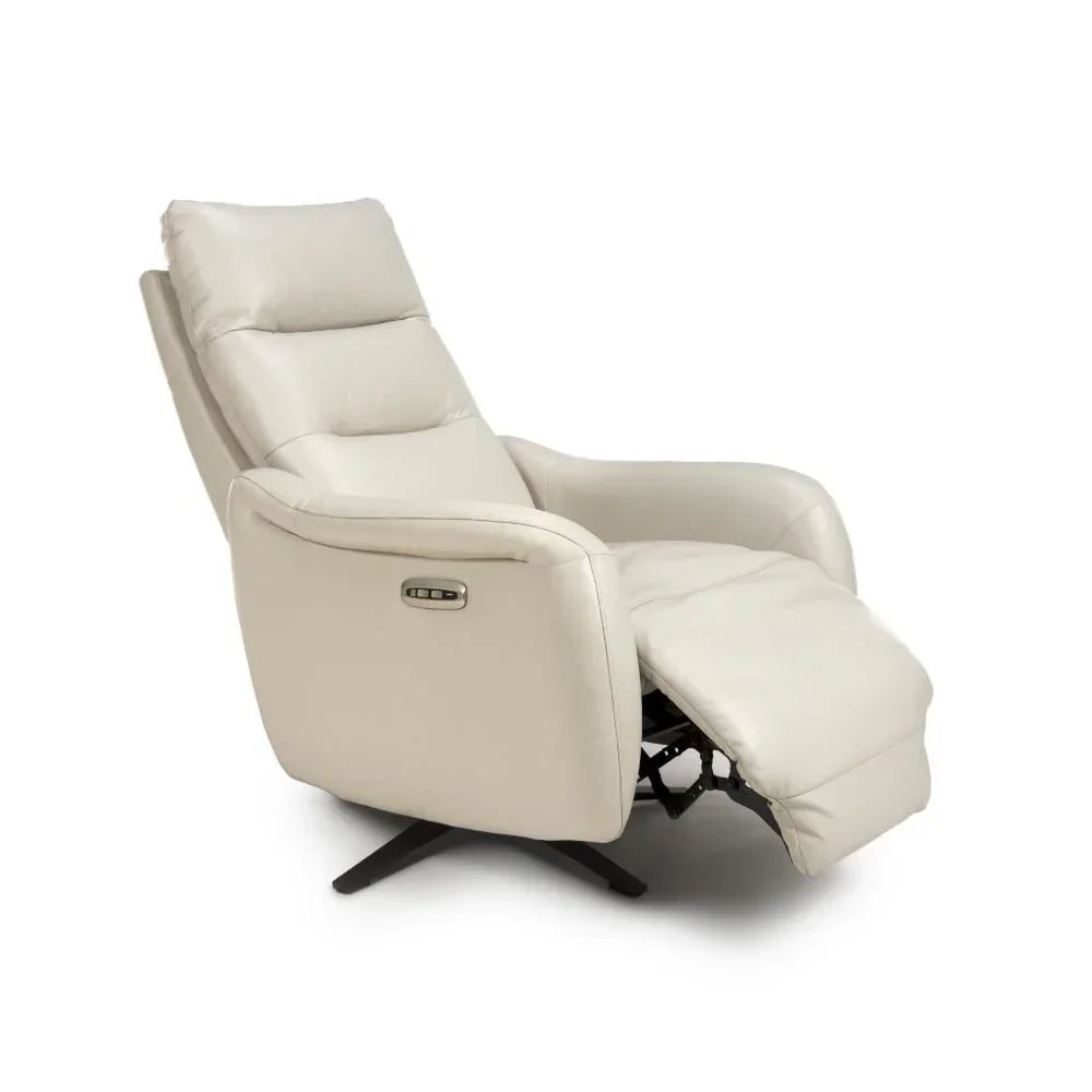 Cream leather recliner chair with extended footrest on black swivel base