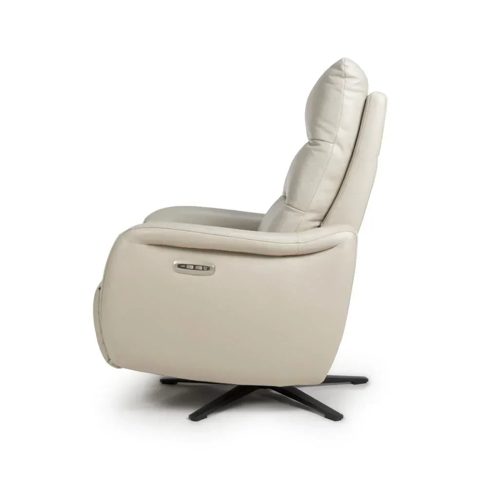Side view of cream leather recliner chair with padded backrest and swivel metal base