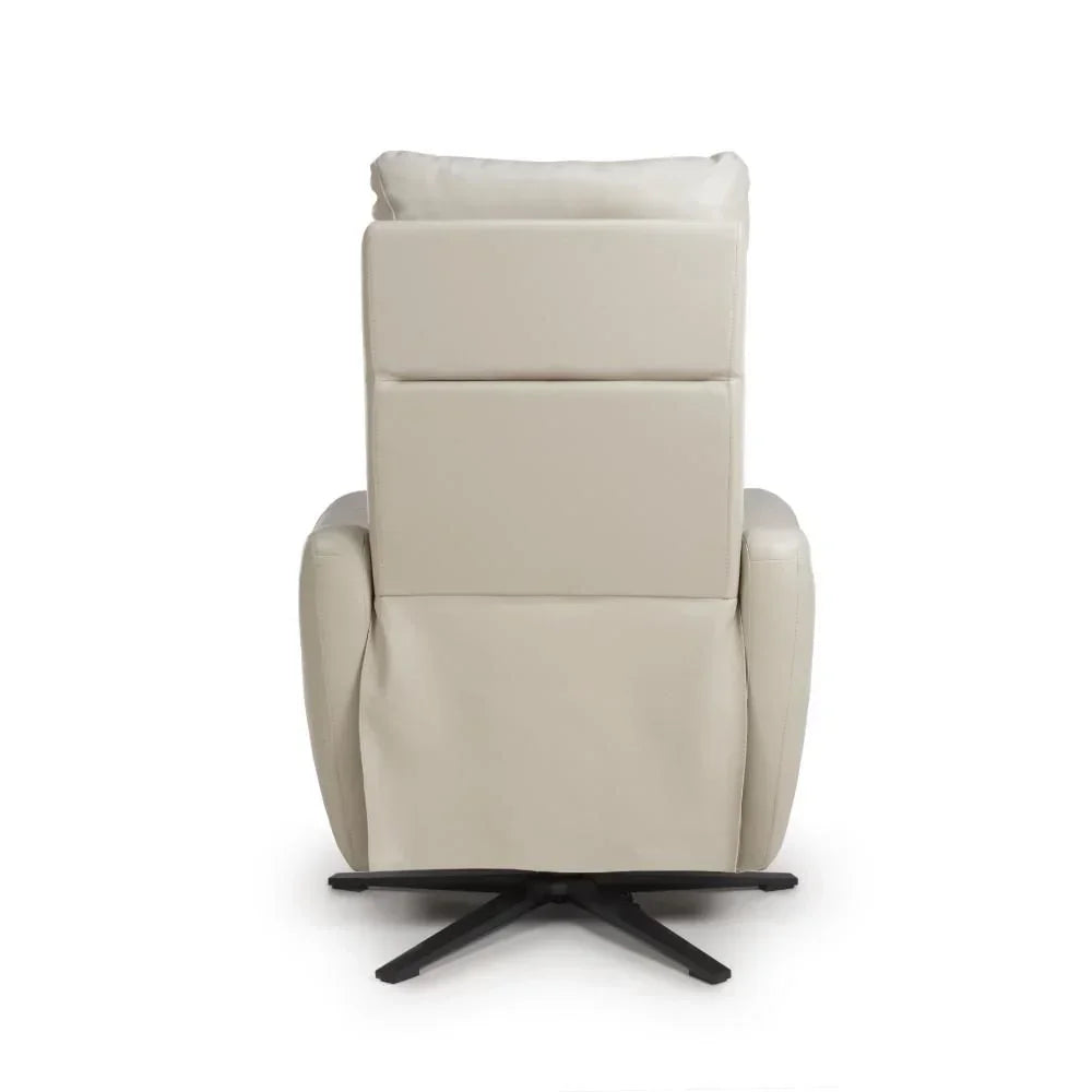Beige recliner chair rear view with padded backrest and black swivel base