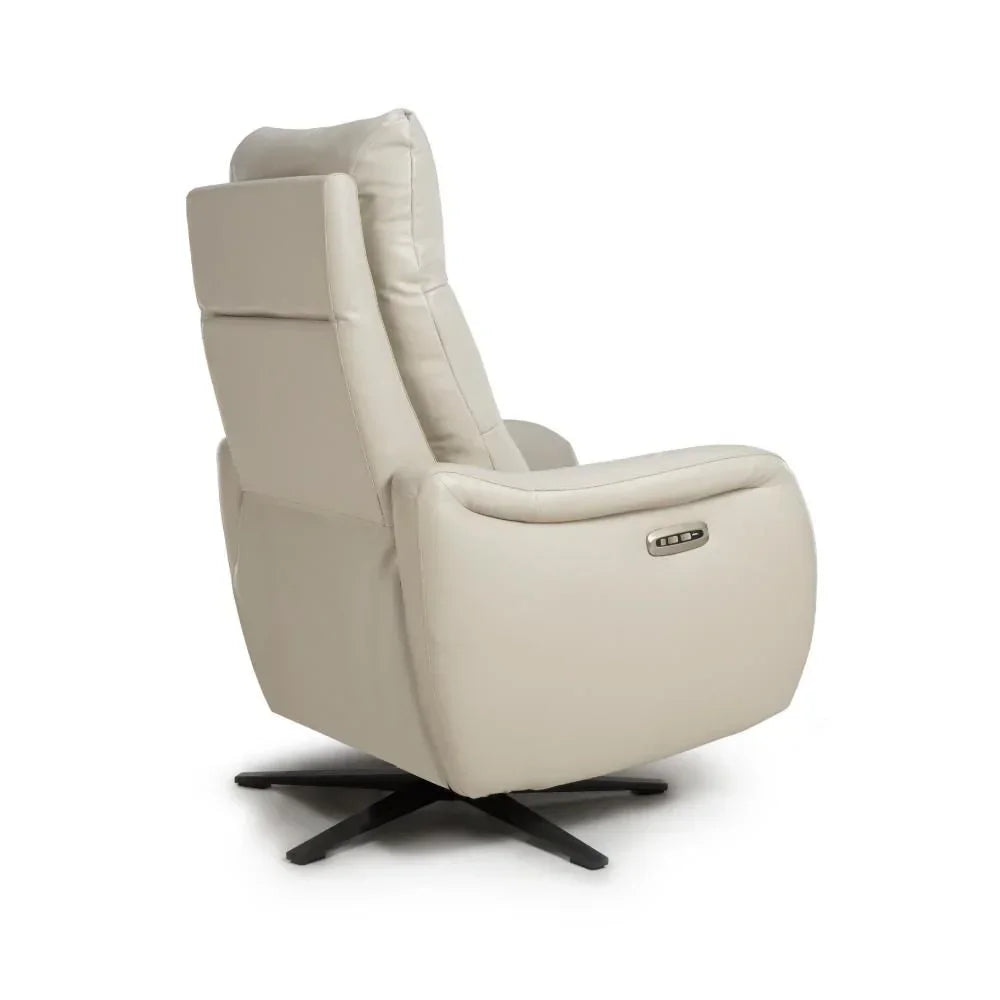 Beige leather recliner armchair with swivel base and side control panel, rear angle view