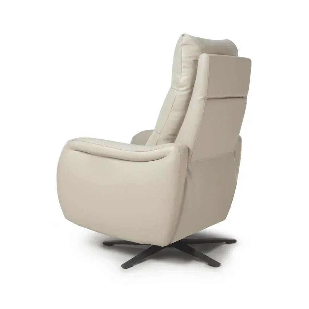 Beige recliner chair with cushioned back and metal swivel base, rear angle view