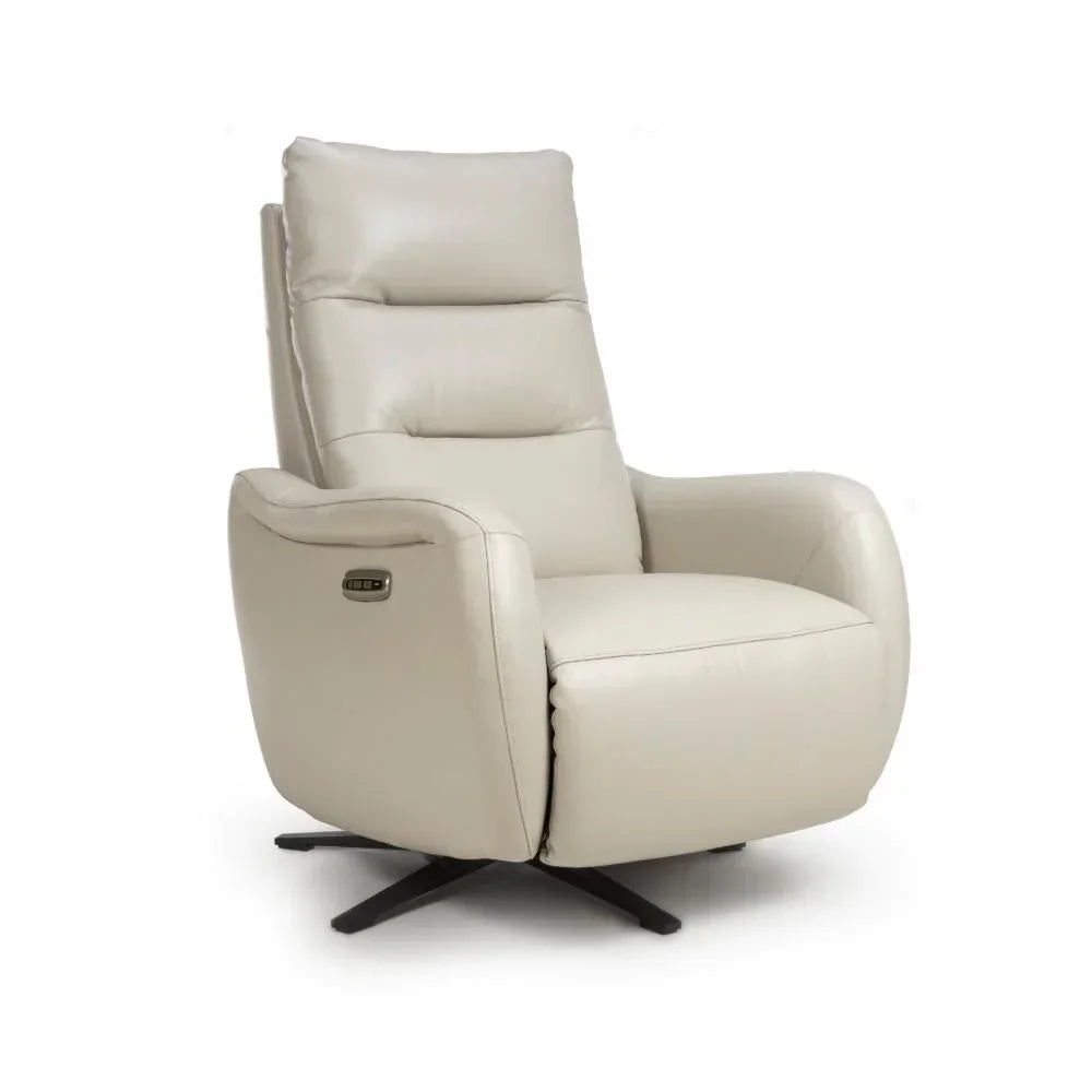 Cream leather recliner chair with high backrest and swivel base, shown angled to the left