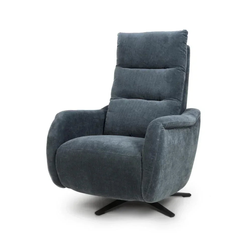 Dark grey fabric recliner chair with high back and swivel base on white background
