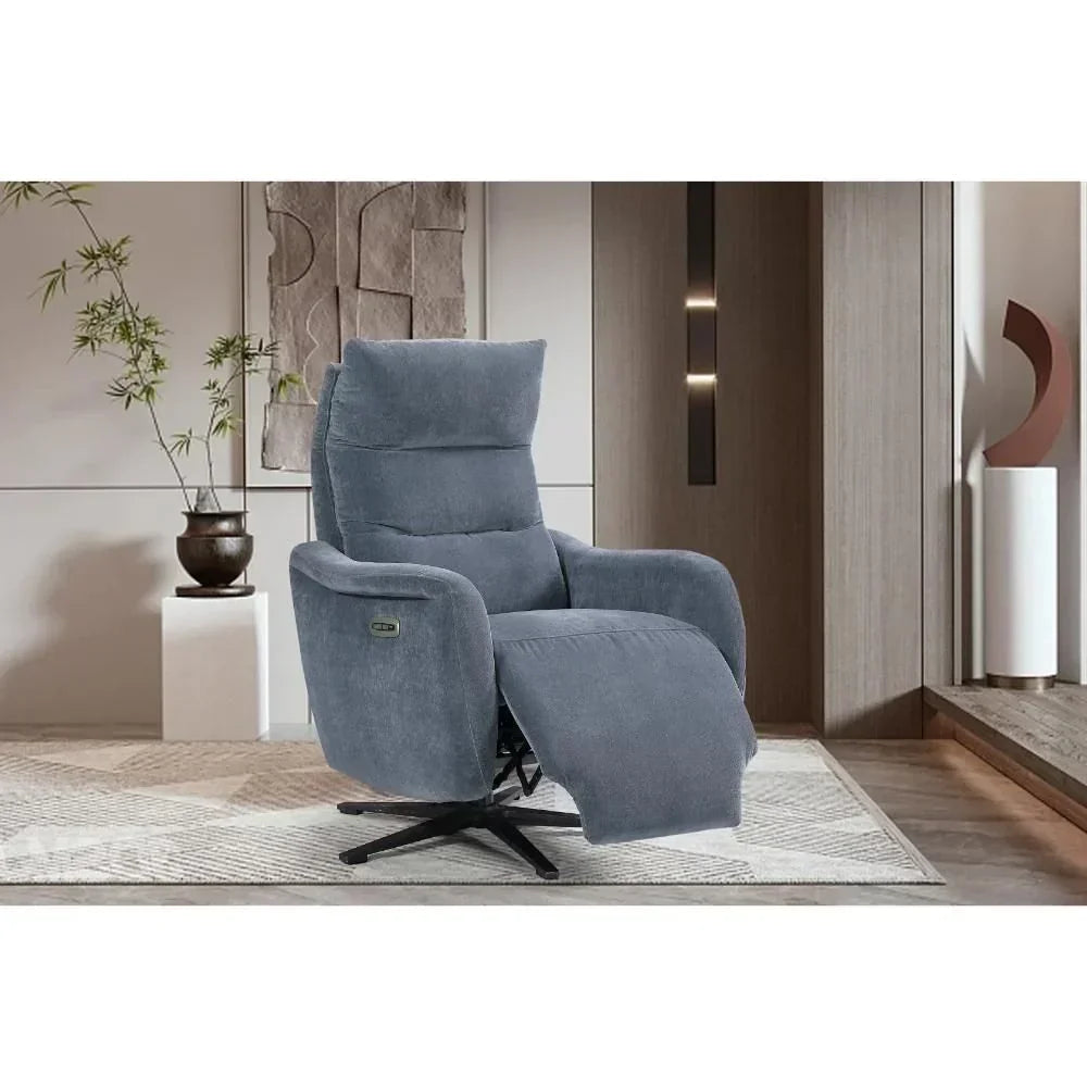 Grey fabric recliner chair with footrest extended in modern living room