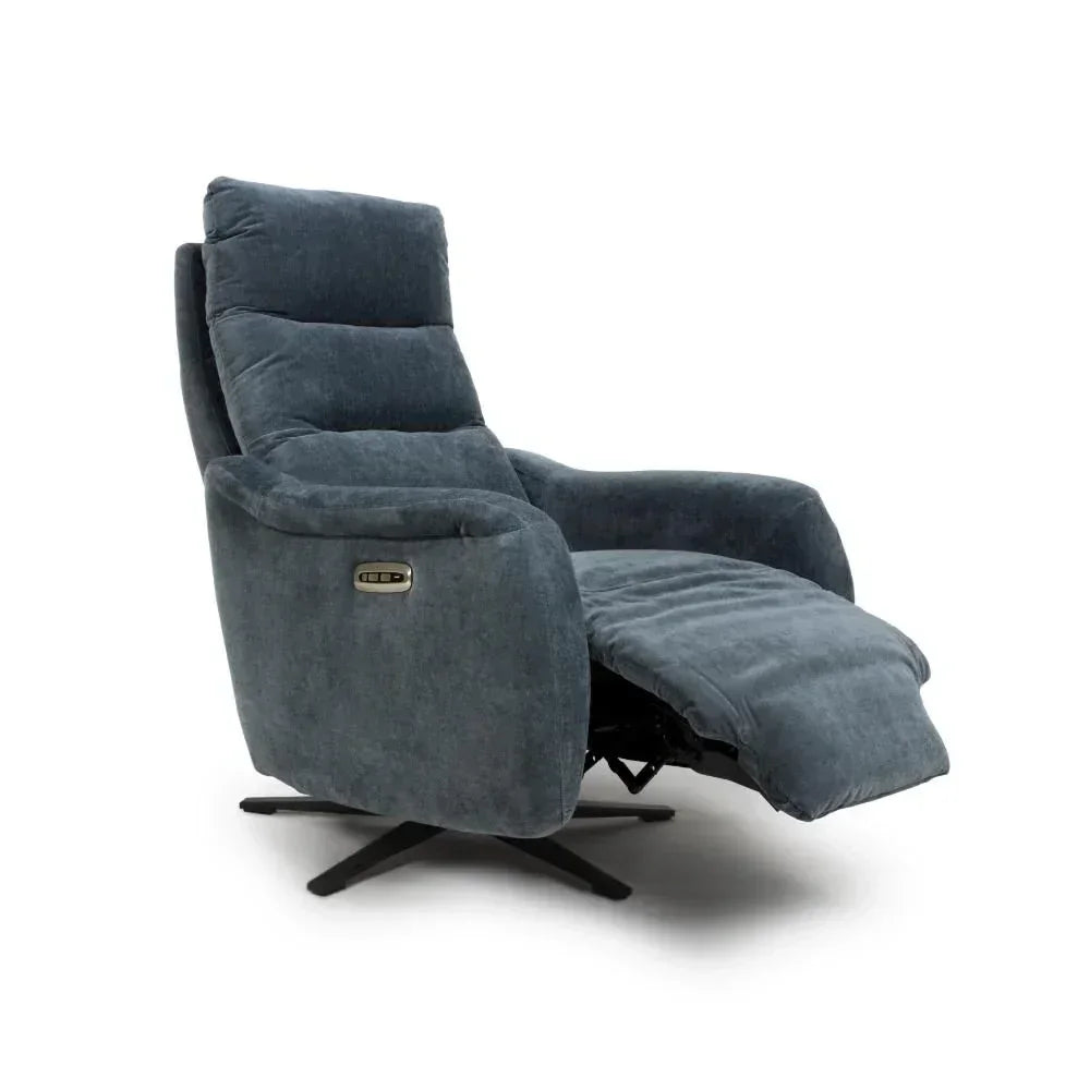 Dark grey fabric recliner chair with extended footrest and swivel base, side control panel