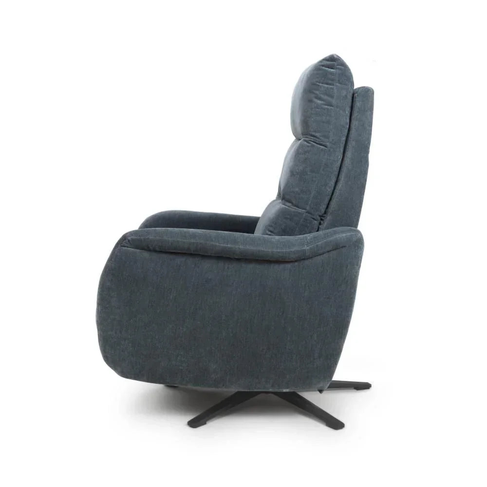 Dark grey swivel recliner chair side view with padded backrest and metal base