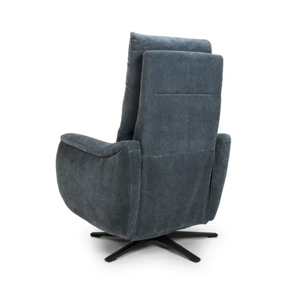 Dark grey fabric recliner chair with high backrest and black swivel base, rear view