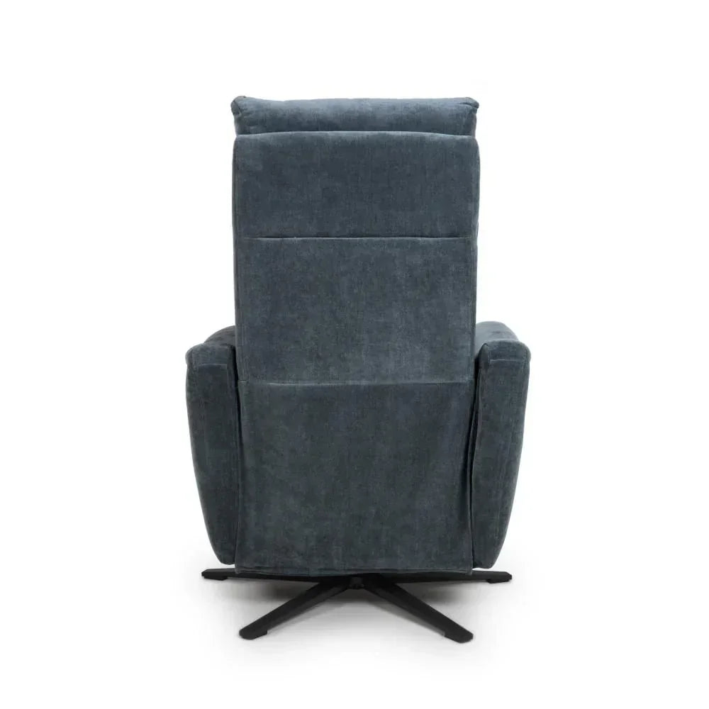 Rear view of dark grey recliner chair with fabric upholstery and swivel metal base