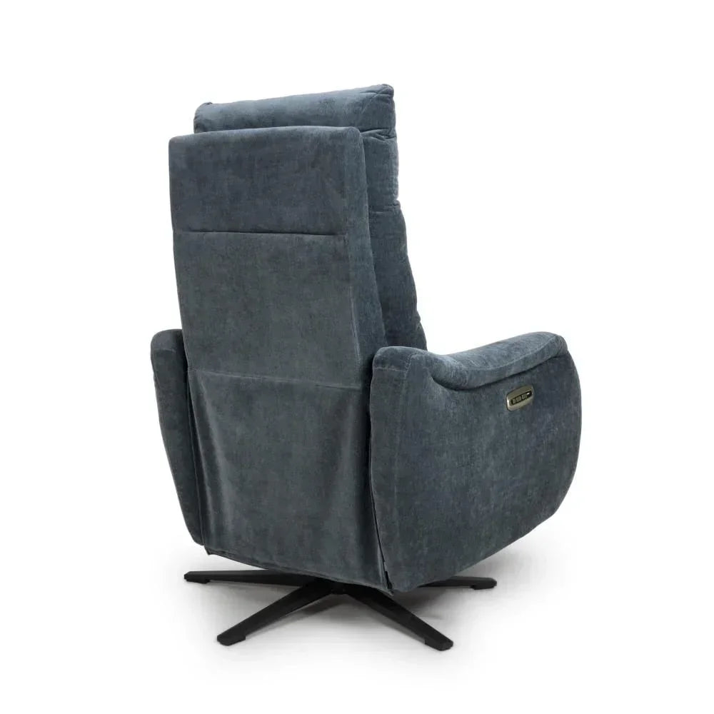 Dark grey fabric recliner chair rear view with swivel metal base and padded armrests