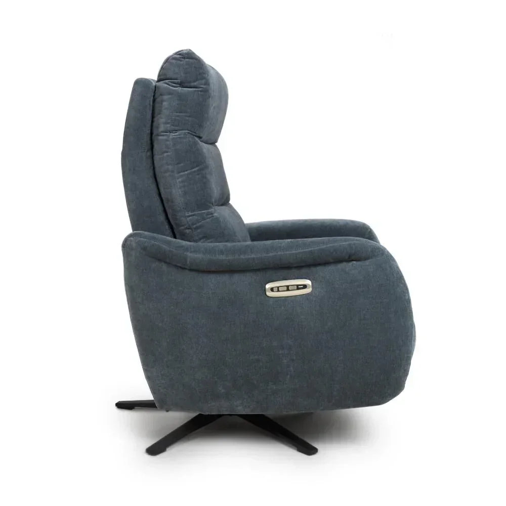 Dark grey fabric recliner chair side view with swivel base and control panel