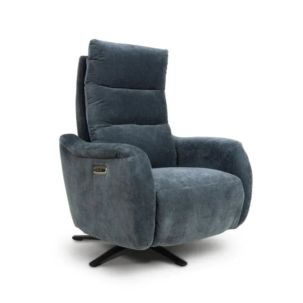 Dark grey fabric swivel recliner chair with high back and padded armrests