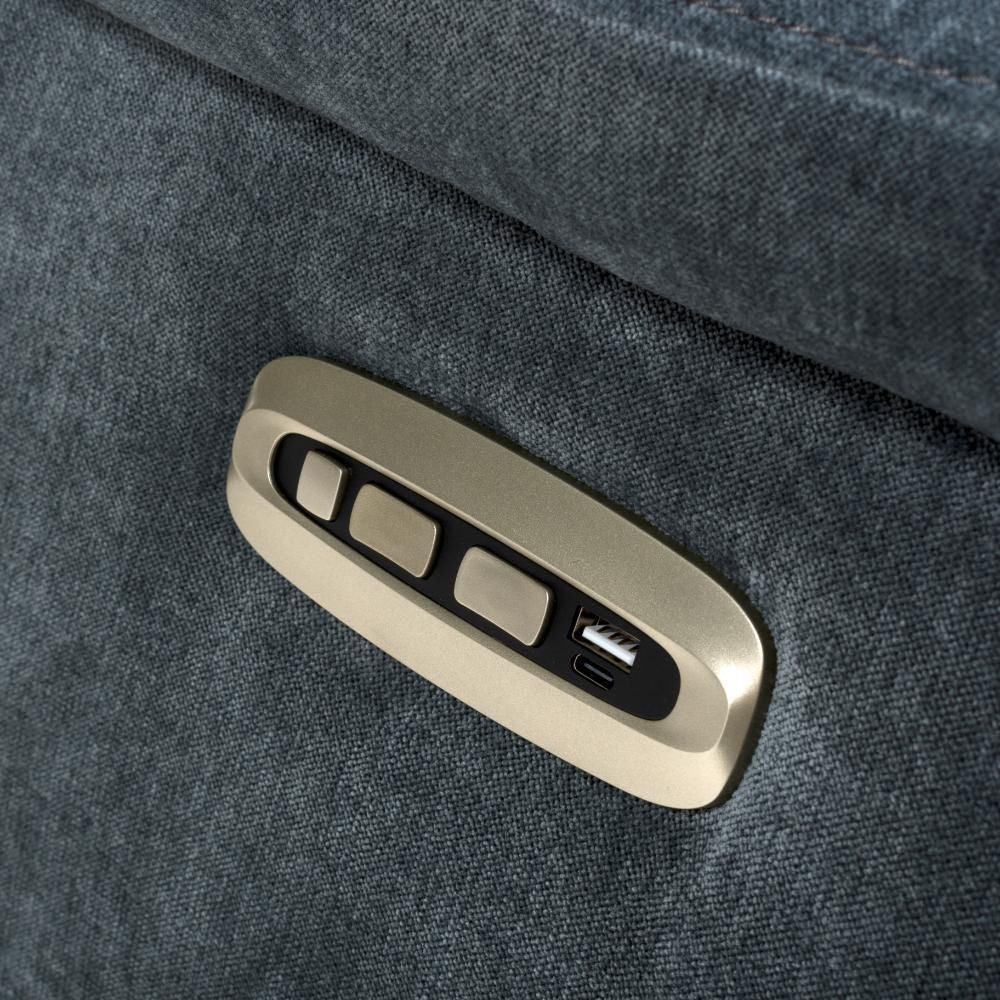 fabric recliner sofa control panel with USB port and adjustment buttons close up