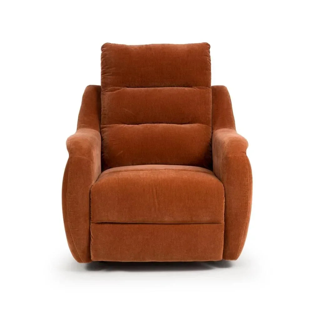 Rust velvet recliner armchair with padded backrest and curved arms, front view